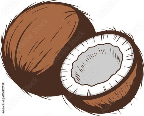 Illustration of a whole coconut and a half coconut showing the white flesh inside, hand drawn style