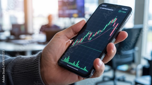 Financial trading app on smartphone screen, stock market candlestick chart and analytics, mobile investing technology in office