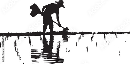Silhouette of person gardening with a horse in the background