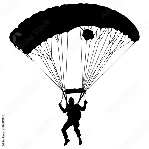 Silhouette of a person skydiving with a parachute against a white background illustrating adventure and extreme sports