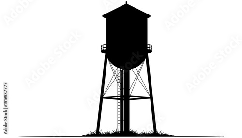 Silhouette of an old water tower standing tall against a plain white background in a simple yet iconic illustration style