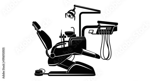 Dental chair with various medical equipment for examination and treatment in a modern dental clinic setting