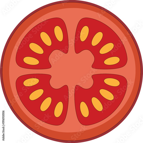 Cross section of a ripe red tomato showing seeds and pulp, simple graphic illustration