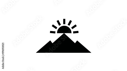 Black graphic of a mountain range with a rising sun. Simple, symbolic imagery