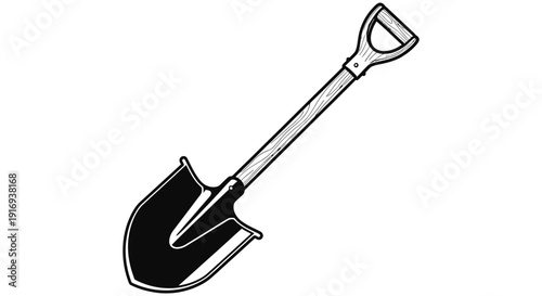 Simple black and white illustration of a shovel with a long handle and sharp blade for gardening or digging purposes in various outdoor activities and construction projects.
