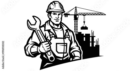Construction worker wearing hard hat holding wrench confidently standing in front of industrial building and crane machinery