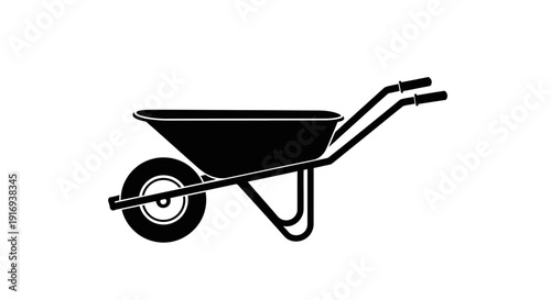 Simple black and white illustration of a wheelbarrow with a single wheel and handles for gardening or construction purposes