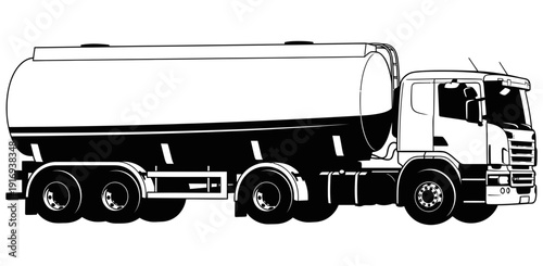 Large tanker truck transporting liquids on a highway with its trailer attached to the cab