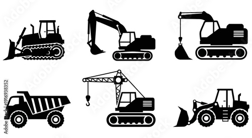 Collection of heavy construction machinery vehicles including excavators bulldozers cranes and dump trucks for infrastructure development and building projects