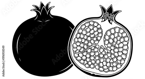 Pomegranate fruit illustration featuring a whole and halved pomegranate showcasing seeds and details in a simple black and white design