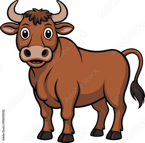 Cute cartoon brown bull standing, farm animal character illustration