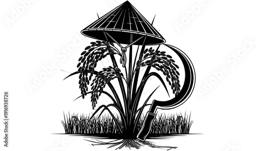 Rice plant with umbrella illustration symbolizing farming protection against nature and weather conditions for agriculture and cultivation purposes in rural areas effectively