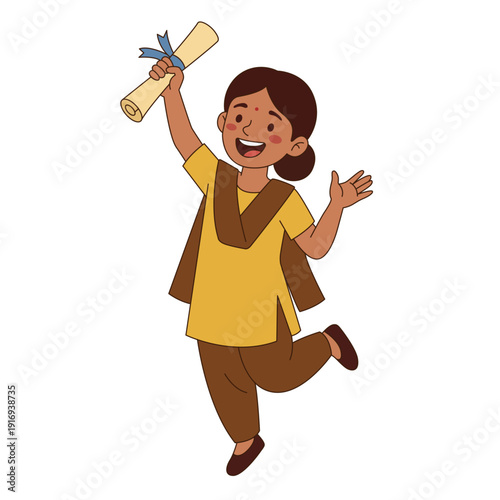 Happy Indian school girl in uniform jumping holding rolled scholarship certificate
