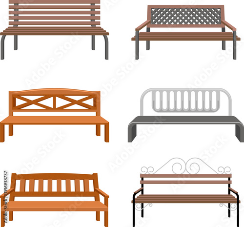 Collection of diverse park benches in varying styles and materials