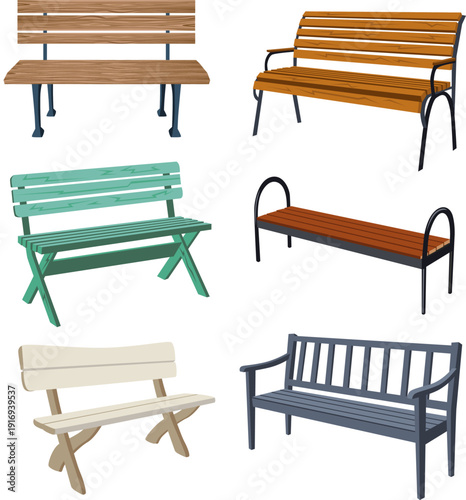 Collection of outdoor benches in various styles and colors isolated on white