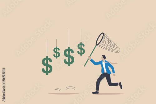 Businessman running with a butterfly net to catch falling dollar signs representing profit Vector, illustration