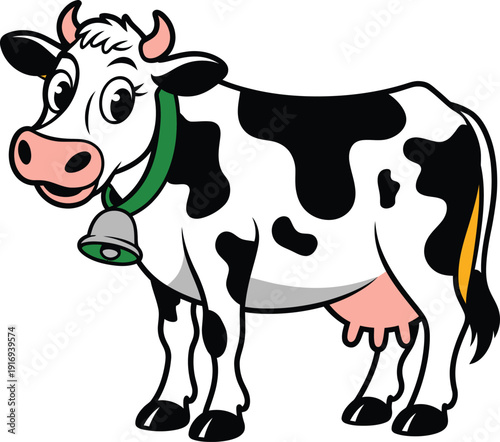 Cute cartoon holstein cow with a green collar and bell, farm animal, vector illustration