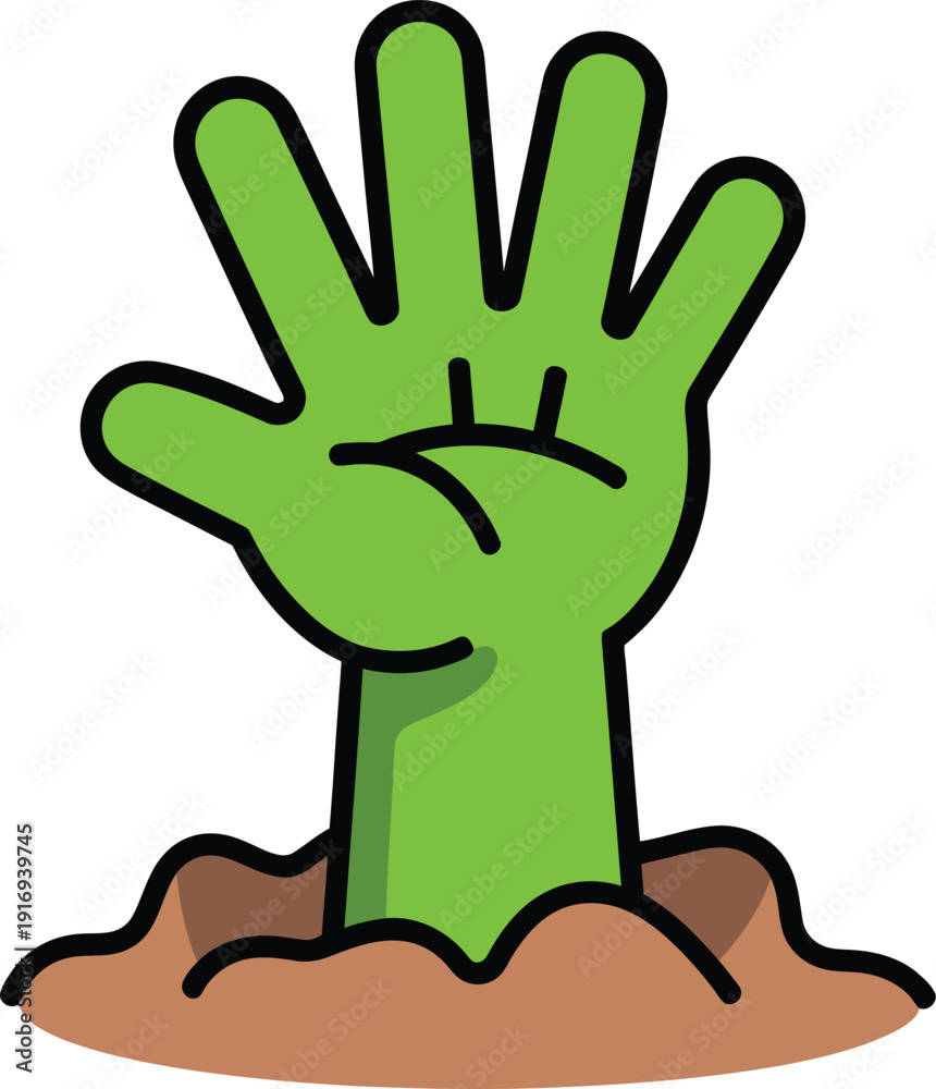 Obraz premium Cartoon green zombie hand reaching up from brown dirt