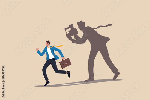 A businessman in a suit running away from a giant shadow of a cameraman filming him Vector, illustration