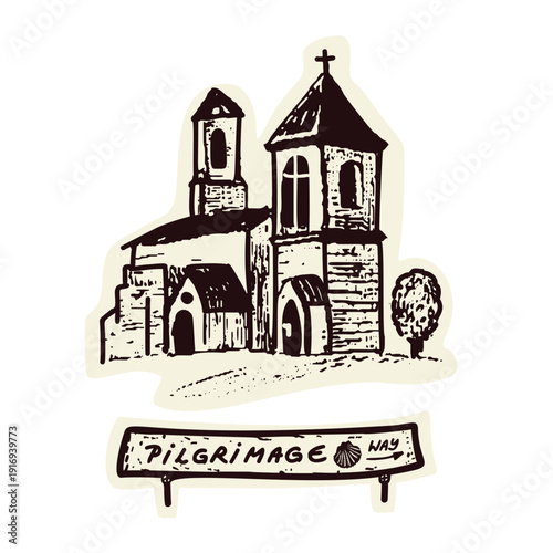 Hand drawn village church landscape scene with christian cross on bell tower. Black and white isolated vector motif for chapel, shrine Christian pilgrimage sanctuary symbol. European camion travel