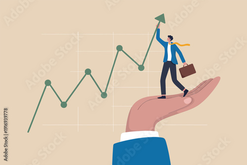 A businessman being supported by a giant hand while pushing a financial growth line graph upwards. Vector, illustration