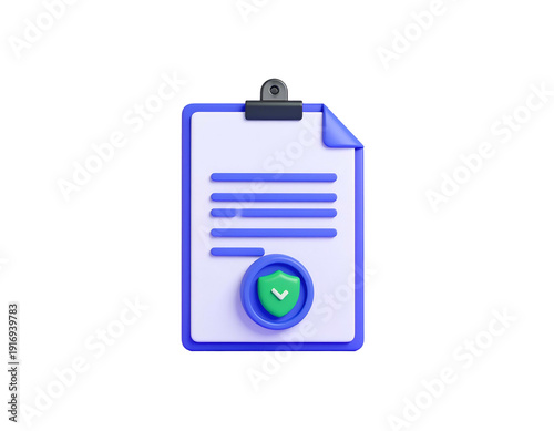 A blue clipboard holding a document with a green shield