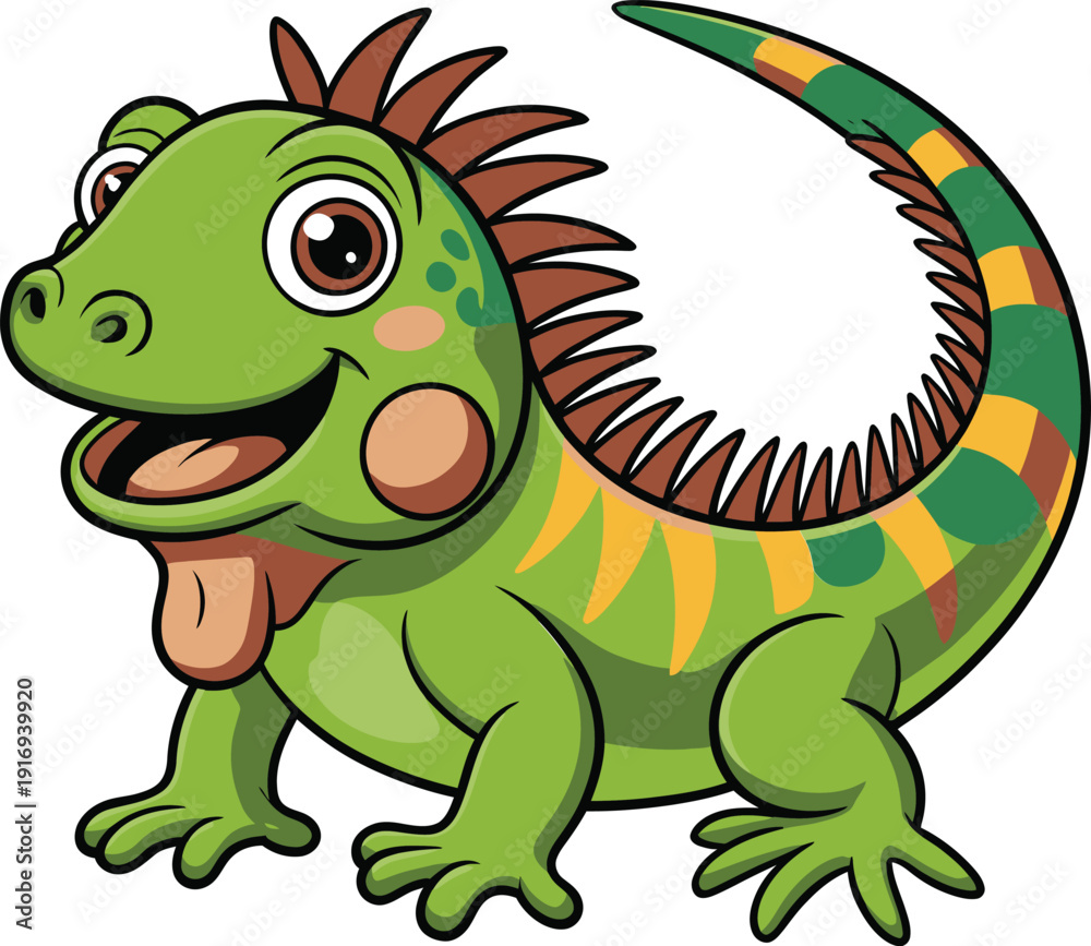 Obraz premium Cute green cartoon iguana character smiling with big eyes, vector illustration