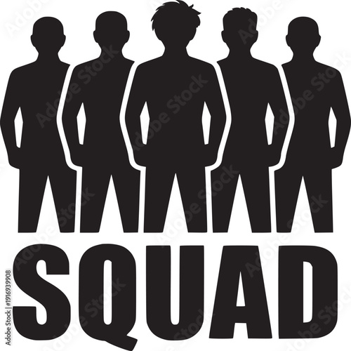A black and white graphic featuring five silhouetted figures above the word squad in bold letters