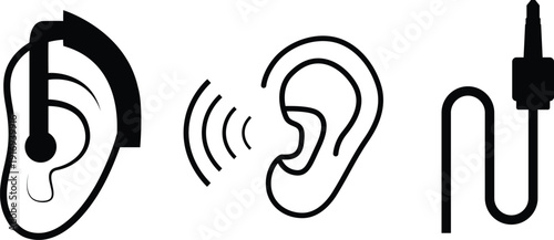 Hearing aid and ear with audio plug icon set