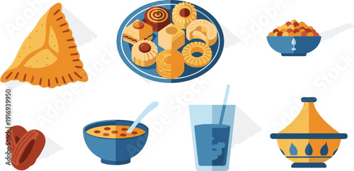 Delicious Ramadhan Kareem food items flat vector illustration for festive celebration