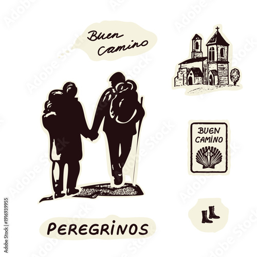 Hand drawn santiago the compostelo st james way sticker set for pilgrimage guide stamps. Europe churches on pilgrims way trail, buen camino sign , peregrinos greeting. Travel icon passport motif 