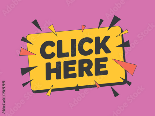 A bright yellow click here button with black text on a pink background