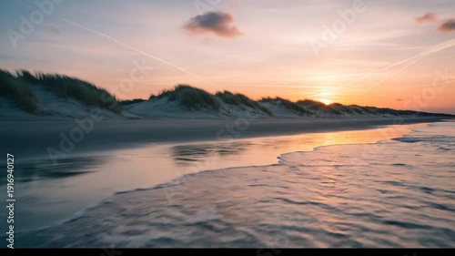 Serene Sunset Over Coastal Dunes and Reflective Waters.