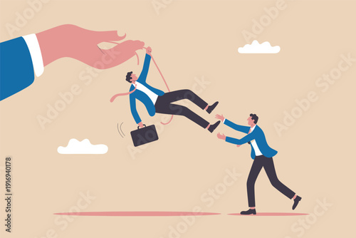 Conceptual illustration of a giant hand controlling a businessman while a colleague helps Vector, illustration
