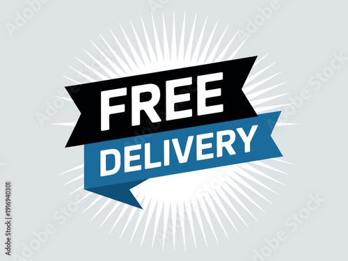 A graphic design of a free delivery logo with a blue and black banner on a light gray background