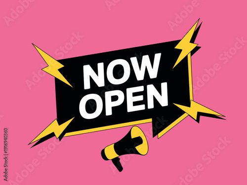 A colorful graphic announcing a business is now open with a megaphone and lightning bolts on a pink background
