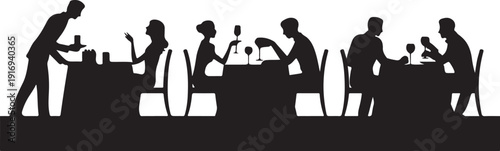 Silhouettes of people dining at tables in a restaurant