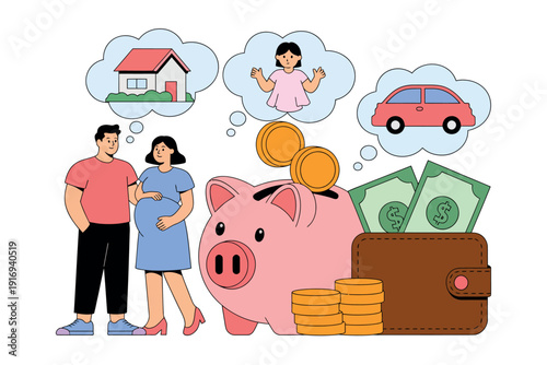 A young expectant couple planning their financial future with a piggy bank and savings.