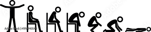 Set of Stick Figure Icons Depicting Various Human Poses Including Standing Sitting Slumping Squatting Kneeling and Lying Down representing Fatigue Health Issues and Physical Transitions