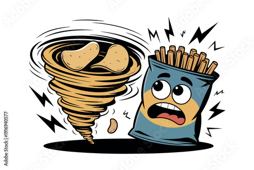 A cartoon bag of french fries watches in shock as a tornado made of potato chips forms next to it.