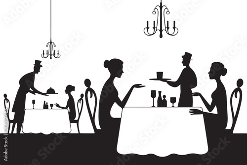 Silhouettes of people dining in a restaurant with chandeliers