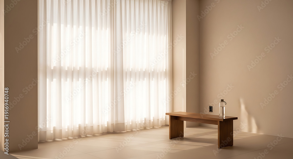Fototapeta premium A tranquil and inviting minimalist interior space bathed in the gentle glow of natural light streaming through elegant sheer curtains, highlighting a simple wooden table