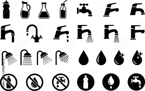 Water and plumbing icons set featuring faucets, shower heads, droplets, bottles, laboratory flasks, prohibited signs, and liquid hygiene symbols for bathroom and kitchen vector