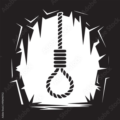 A stark black and white illustration of a noose hanging against a jagged abstract background design