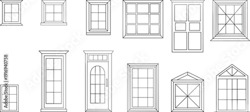 Vector Collection of Various House Window and Door Line Icons in Different Shapes and Styles for Architectural Design and Building Construction