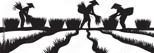 Silhouettes of people harvesting crops in a field with water channels
