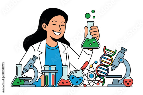 A smiling woman in a lab coat working with various scientific equipment and colorful chemicals in a laboratory setting.