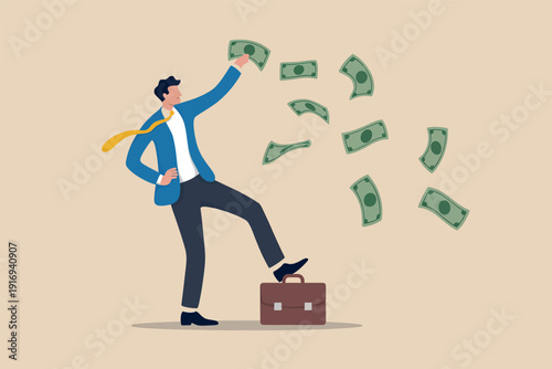 A successful businessman throwing cash in the air and stepping on his briefcase joyfully. Vector, illustration