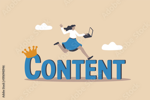 Woman running over the word content with a laptop representing content is king concept Vector, illustration