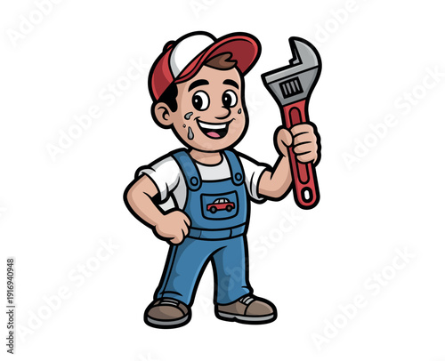 A cartoon plumber holding a large adjustable wrench and wearing blue overalls